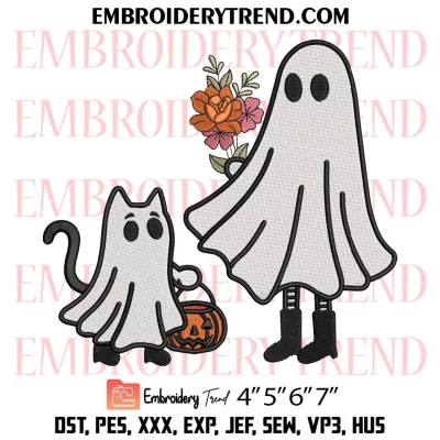 Ghost Cat and Ghost Girl Spooky Season Embroidery Design, Halloween Ghost Machine Embroidery Digitized Pes Files