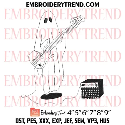 Ghost Playing Bass Guitar Embroidery Design, Funny Guitar Ghost Machine Embroidery Digitized Pes Files