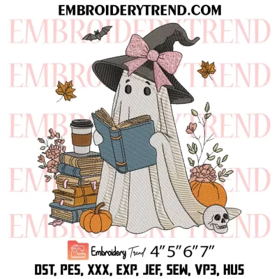 Ghost Read Book Fall Halloween Embroidery Design, Autumn Read Book Machine Embroidery Digitized Pes Files