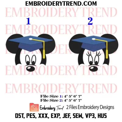 Graduation Mickey Minnie Head Embroidery Design, Couple Mickey Minnie Machine Embroidery Digitized Pes Files