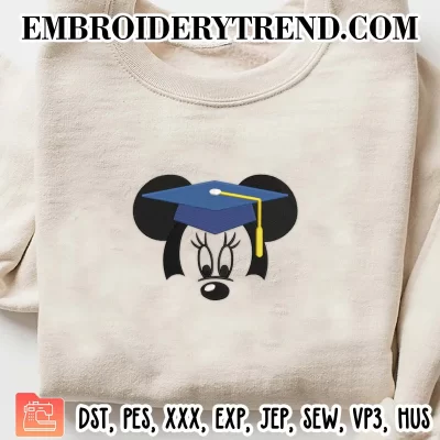 Graduation Minnie Head Embroidery Design, Disney Graduation Machine Embroidery Digitized Pes Files