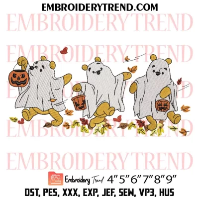 Halloween Bear Ghost Embroidery Design, Bear Ghost Fall Pumpkin Machine Embroidery Digitized Pes Files