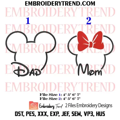 Mickey Dad and Minnie Mom Head Embroidery Design, Disney Mickey Minnie Family Machine Embroidery Digitized Pes Files