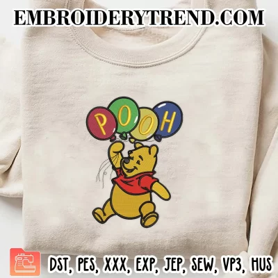 Pooh Holding Balloons Embroidery Design, Winnie the Pooh Machine Embroidery Digitized Pes Files