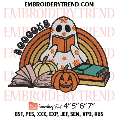 Boo Ghost Reading Booooks Embroidery, Vintage Hippie Embroidery, Retro Halloween Embroidery, Embroidery Design File