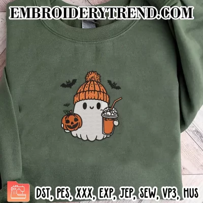 Cute Ghost With Coffee and Pumpkin Embroidery Design, Ghost Halloween Machine Embroidery Digitized Pes Files