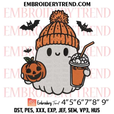 Cute Ghost With Coffee and Pumpkin Embroidery Design, Ghost Halloween Machine Embroidery Digitized Pes Files