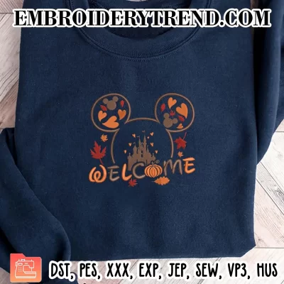 Disney Mouse Welcome Fall Embroidery Design, Mouse Ears Autumn Machine Embroidery Digitized Pes Files