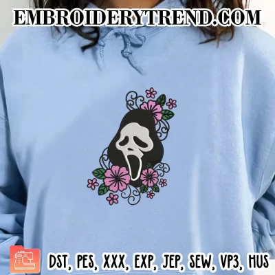 Ghostface Floral Halloween Embroidery Design, Scream Ghostface Machine Embroidery Digitized Pes Files