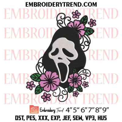 Ghostface Floral Halloween Embroidery Design, Scream Ghostface Machine Embroidery Digitized Pes Files