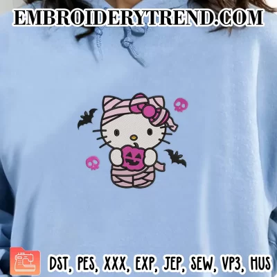 Hello Kitty Pink Mummy Embroidery Design, Pink Pumpkin Halloween Machine Embroidery Digitized Pes Files