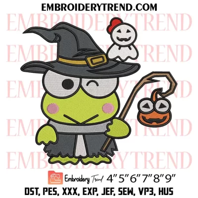 Keroppi Witch Halloween Embroidery Design, Funny Keroppi Pumpkin Machine Embroidery Digitized Pes Files