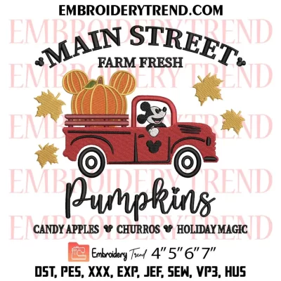 Main Street Farm Fresh Pumpkins Embroidery Design, Mickey Truck Disney Halloween Machine Embroidery Digitized Pes Files