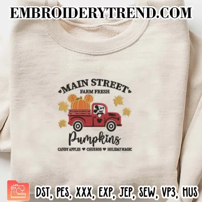 Main Street Farm Fresh Pumpkins Embroidery Design, Mickey Truck Disney Halloween Machine Embroidery Digitized Pes Files