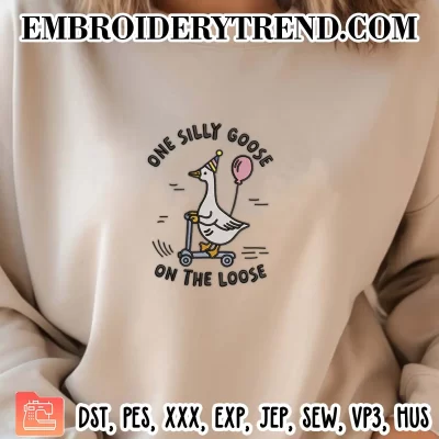 One Silly Goose On The Loose Embroidery Design, Goose With Birthday Hat Machine Embroidery Digitized Pes Files