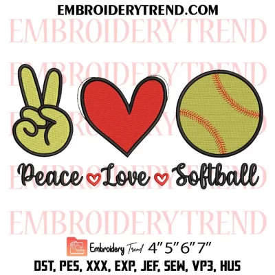 Peace Love Softball Embroidery Design, Softball Heart Machine Embroidery Digitized Pes Files