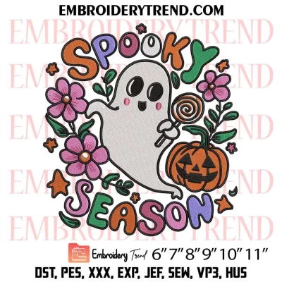 Spooky Season Halloween Floral Ghost Embroidery Design, Cute Ghost Halloween Machine Embroidery Digitized Pes Files