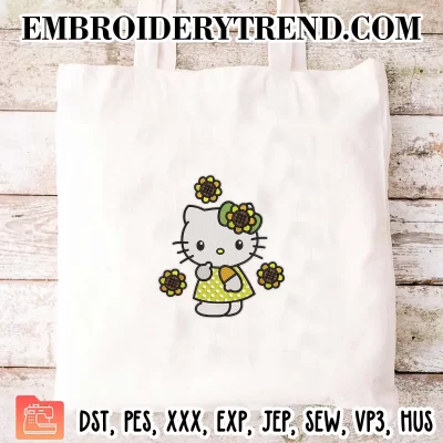 Sunflower Hello Kitty Embroidery Design, Cute Kitty Machine Embroidery Digitized Pes Files