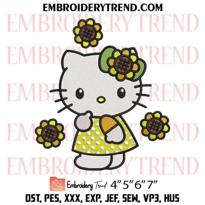 Sunflower Hello Kitty Embroidery Design, Cute Kitty Machine Embroidery Digitized Pes Files