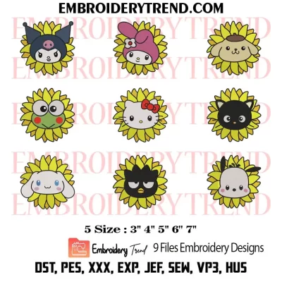 Sunflower Sanrio Characters Bundle Embroidery Design, Sanrio Cartoon Machine Embroidery Digitized Pes Files