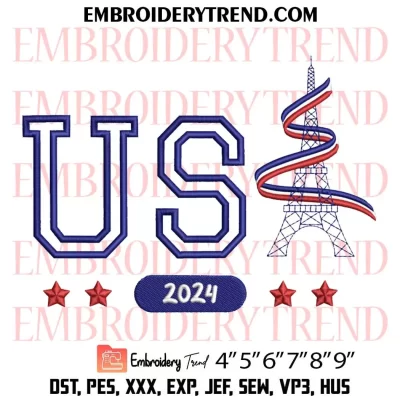 Bonjour Paris Team USA 24 Eiffel Tower Embroidery Design, Paris 2024 Machine Embroidery Digitized Pes Files