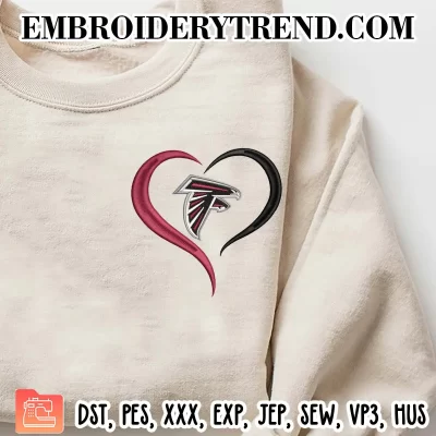 Atlanta Falcons Heart Embroidery Design, Football Logo Machine Embroidery Digitized Pes Files