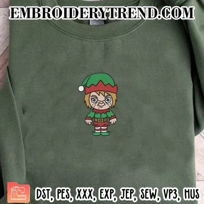 Chibi Chucky Elf Christmas Embroidery Design, Horror Movie Machine Embroidery Digitized Pes Files