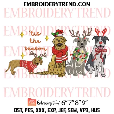 ‘Tis the Season Christmas Pitbull Reindeer Dog Embroidery Design, Cute Christmas Gift Pets Machine Embroidery Digitized Pes Files