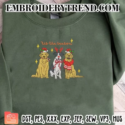 Christmas Three Dogs ‘Tis The Season Embroidery Design, Cute Christmas Pets Machine Embroidery Digitized Pes Files