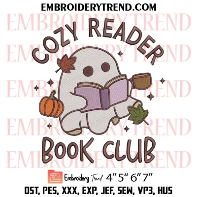 Cozy Reader Book Club Embroidery Design, Cute Ghost Autumn Machine Embroidery Digitized Pes Files