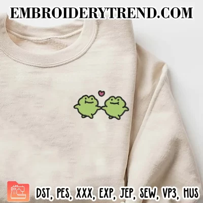 Cute Couple Frog with Heart Embroidery Design, Frogs Valentine Machine Embroidery Digitized Pes Files