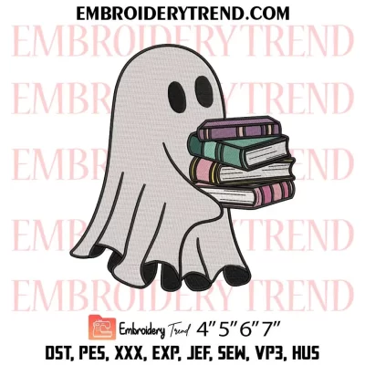 Cute Ghost Reading Book 4 Embroidery Design, Halloween Machine Embroidery Digitized Pes Files