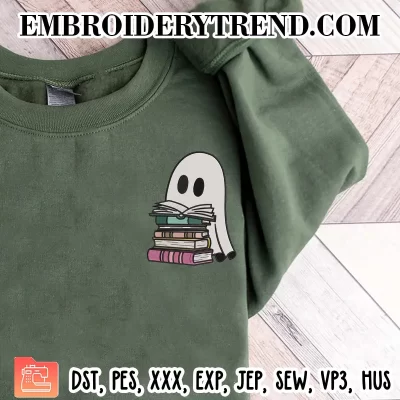 Cute Ghost Reading Book 2 Embroidery Design, Halloween Teacher Machine Embroidery Digitized Pes Files