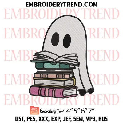 Cute Ghost Reading Book 6 Embroidery Design, Halloween Machine Embroidery Digitized Pes Files