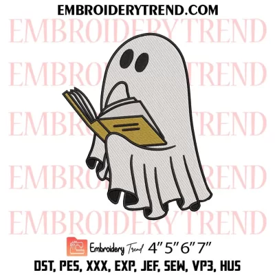 Cute Ghost Reading Book 5 Embroidery Design, Book Lover Halloween Machine Embroidery Digitized Pes Files