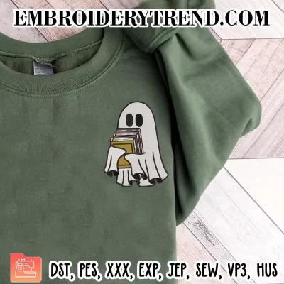 Cute Ghost Reading Book 4 Embroidery Design, Halloween Machine Embroidery Digitized Pes Files