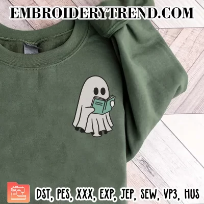 Cute Ghost Reading Book 5 Embroidery Design, Book Lover Halloween Machine Embroidery Digitized Pes Files