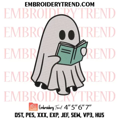 Cute Ghost Reading Book 5 Embroidery Design, Book Lover Halloween Machine Embroidery Digitized Pes Files