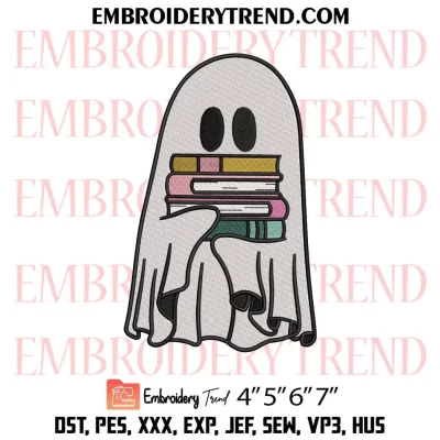 Cute Ghost Reading Book 5 Embroidery Design, Book Lover Halloween Machine Embroidery Digitized Pes Files