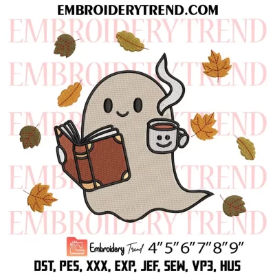 Fall Ghost Reading Book Drinking Coffee Embroidery Design, Cute Ghost Machine Embroidery Digitized Pes Files