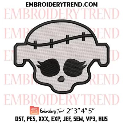 Skullette Head Monster High Embroidery Design, Cute Halloween Skull Machine Embroidery Digitized Pes Files