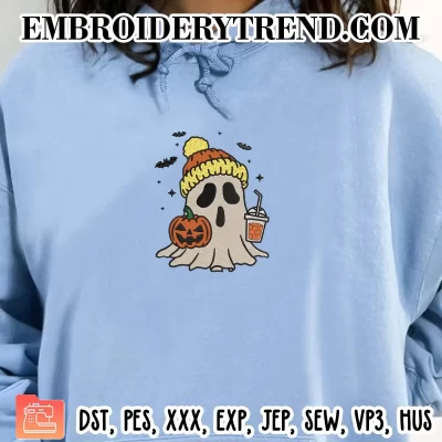 Ghost Beanie Holding Pumpkin Coffee Drink Embroidery Design, Scream Halloween Machine Embroidery Digitized Pes Files