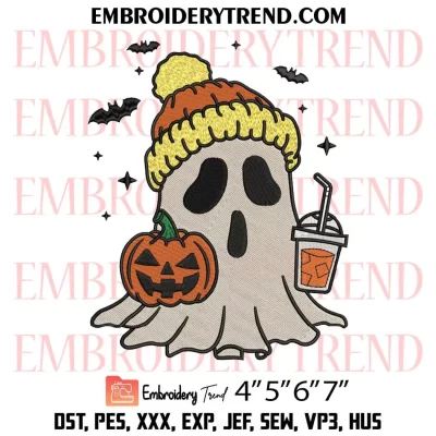 Ghost Beanie Holding Pumpkin Coffee Drink Embroidery Design, Scream Halloween Machine Embroidery Digitized Pes Files