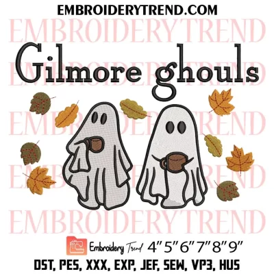 Gilmore Ghouls Fall Halloween Embroidery Design, Ghosts Drinking Coffee Machine Embroidery Digitized Pes Files