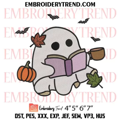 Halloween Autumn Ghost Reading Book Embroidery Design, Book Lover Machine Embroidery Digitized Pes Files