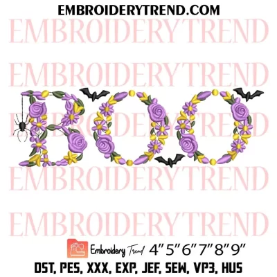 Halloween Boo Embroidery Design, Flowers and Leaves Machine Embroidery Digitized Pes Files