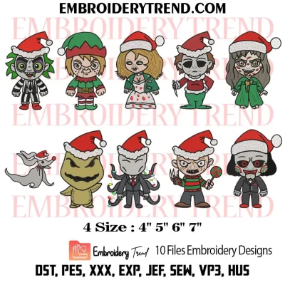 Horror Movie Chibi Christmas Bundle Embroidery Design, Halloween Christmas Machine Embroidery Digitized Pes Files