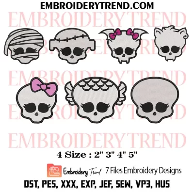 Monster High Head Bundle Embroidery Design, Skull Machine Embroidery Digitized Pes Files