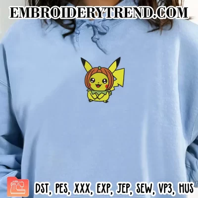 Pikachu Pumpkin Head Embroidery Design, Cute Pikachu Halloween Machine Embroidery Digitized Pes Files