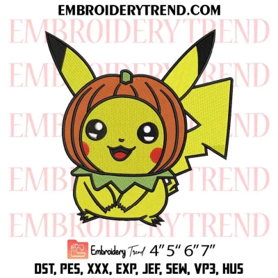 Pikachu Pumpkin Head Embroidery Design, Cute Pikachu Halloween Machine Embroidery Digitized Pes Files